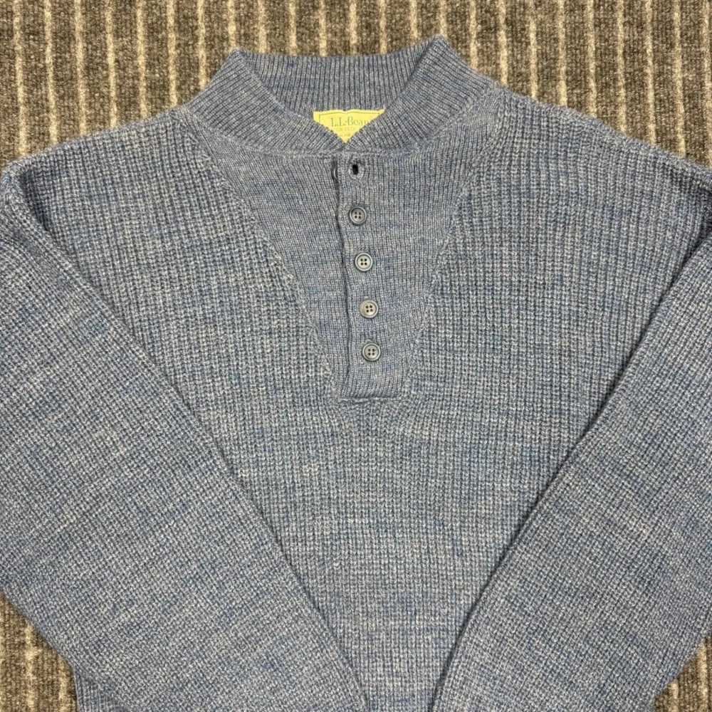 L.L. Bean High Trek Yarn Sweater L Blue NEW Henley Wool Blend Waffle Knit (2180)